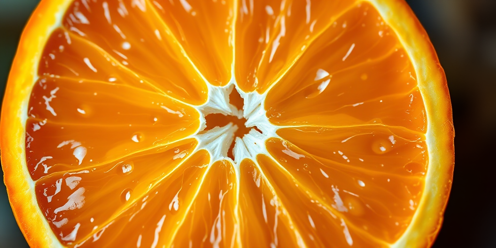Generate a highly detailed image of a freshly sliced orange with vibrant colors, using a macro lens at f/2.8 aperture, 1/200 sec shutter speed, ISO 100, top-down view, soft natural lighting, and a DSLR camera for enhanced image quality.