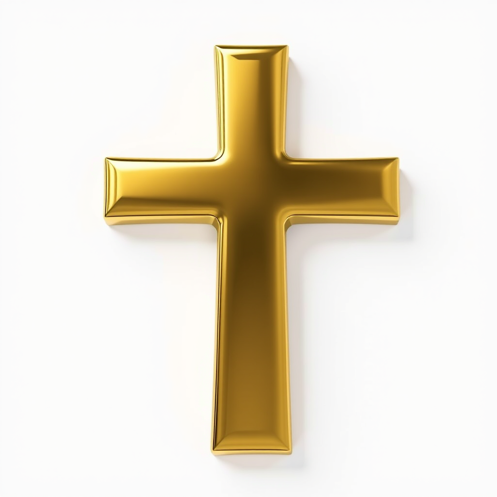 Create a high-resolution image of a 3D shiny gold cross with reflections and highlights, using a DSLR camera with a 50mm lens, f/2.8 aperture, ISO 100, and a softbox lighting setup for even illumination.