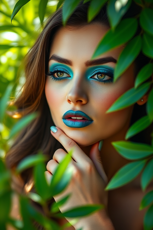 Create an image of a woman with vibrant turquoise eyeshadow and glossy lips, gently touching her chin while surrounded by lush green foliage; use a DSLR camera with a 50mm lens, aperture set to f/1.8 for a shallow depth of field, and natural lighting for enhanced colors and contrast.