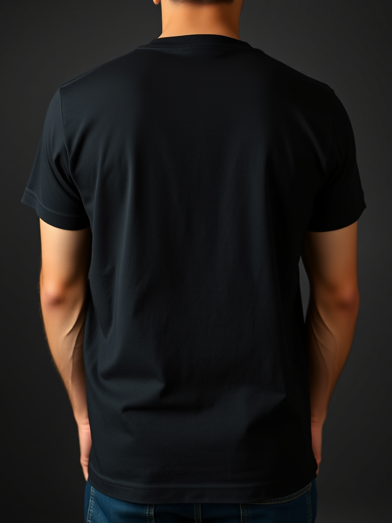 Create a high-resolution image of a plain black t-shirt viewed from the back, using a DSLR camera with a 50mm lens, aperture set to f/2.8, ISO 100, and a soft diffused light to enhance details and texture.