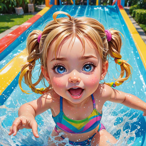 A sassy caricature toddler girl with medium highlighted hair in a messy braid, light eyes, fluffy long lashes, silly funny faces, wearing a colorful swimsuit, going down a waterslide face first, lots of water, created in highlighted chalk style, vibrant colors, background is a park with acrylic paint, airbrush