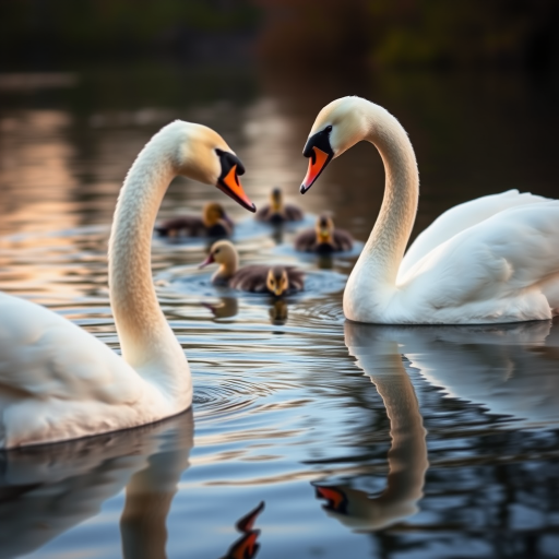 Create a serene water scene featuring two elegant white swans facing each other in the foreground with their reflections visible, while a family of ducklings and a mallard duck swim in the background, captured at sunset using a DSLR camera with a 50mm lens, aperture f/2.8, ISO 100, and a shallow depth of field to enhance image quality and focus on the swans.