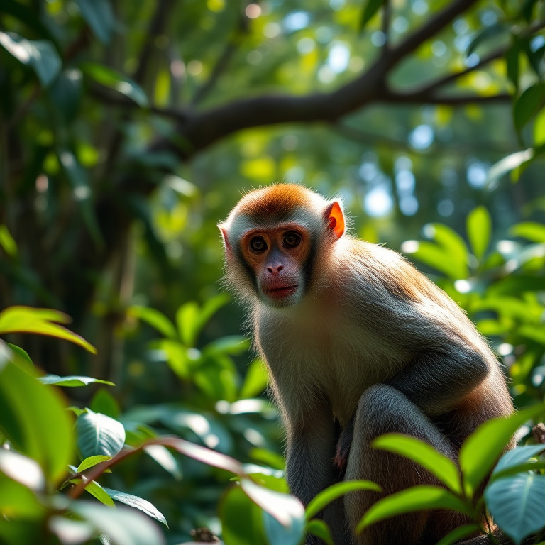 Capture a monkey in a lush green rainforest, with dappled sunlight filtering through the leaves, using a DSLR camera with a 50mm lens, aperture set to f/2.8, ISO 400, shutter speed 1/250s, shot from a low angle for a natural look.