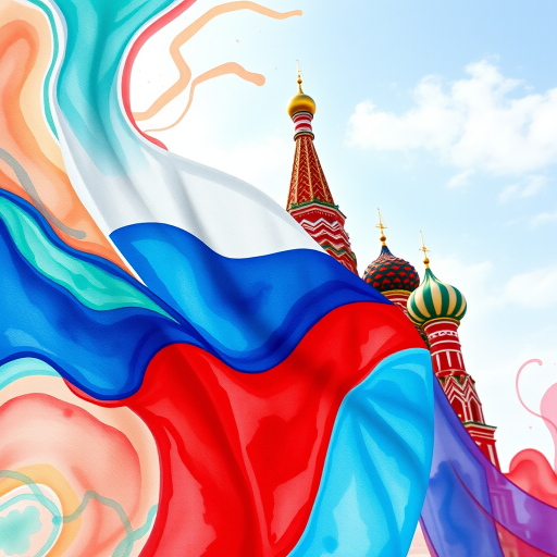 Create a vibrant watercolor illustration featuring the Russian flag with dynamic swirling colors, St. Basil's Cathedral in the background, using a DSLR camera, f/8 aperture, ISO 100, 50mm lens, shot from a low angle to enhance details and depth.