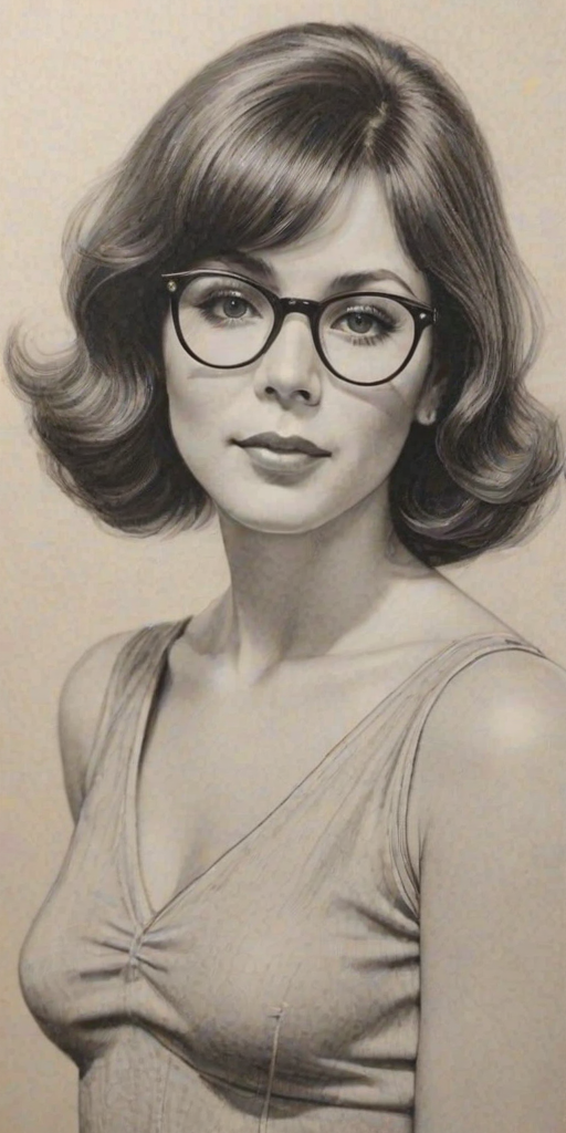 Charming Michele Lee, pencil sketch, portrait of Alluring woman 1929s in glasses, hair style beatnik, outline, clear lines, fine lines, 8k
