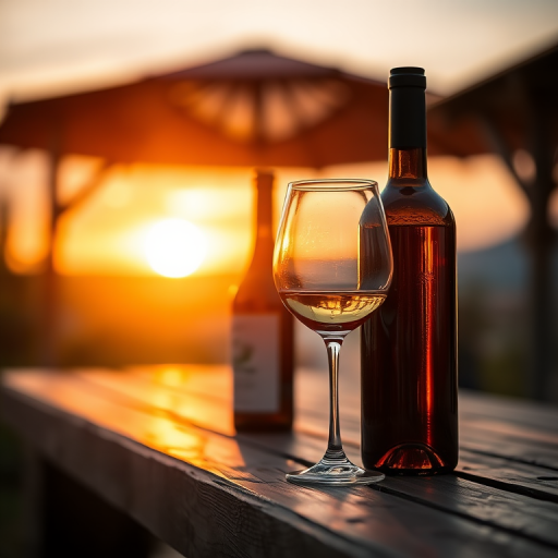 Capture a close-up of a wine bottle and glass on a wooden table at sunset, using a DSLR camera with a 50mm lens, aperture f/2.8, ISO 100, 1/200 sec shutter speed, golden hour lighting for warm tones and enhanced depth of field.