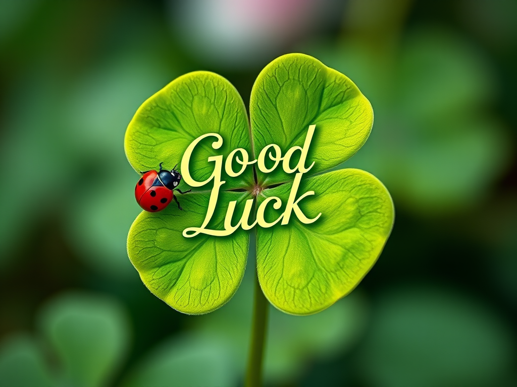 Create a high-resolution digital illustration of a four-leaf clover with a ladybug, featuring the text "Good Luck" in an elegant font, using a Canon EOS R5 at f/4, ISO 100, 50mm lens, with a soft focus background to enhance the subject and vibrant colors.