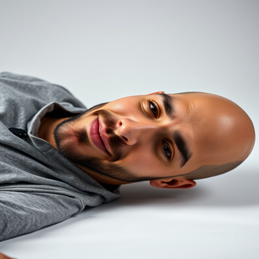 Create a high-resolution image of a bald man lying on his side with a relaxed expression, wearing gray sweatpants and a necklace, captured with a Canon EOS R5, 50mm lens, f/1.8 aperture, ISO 100, 1/200s shutter speed, in a studio setting with a softbox for even lighting.