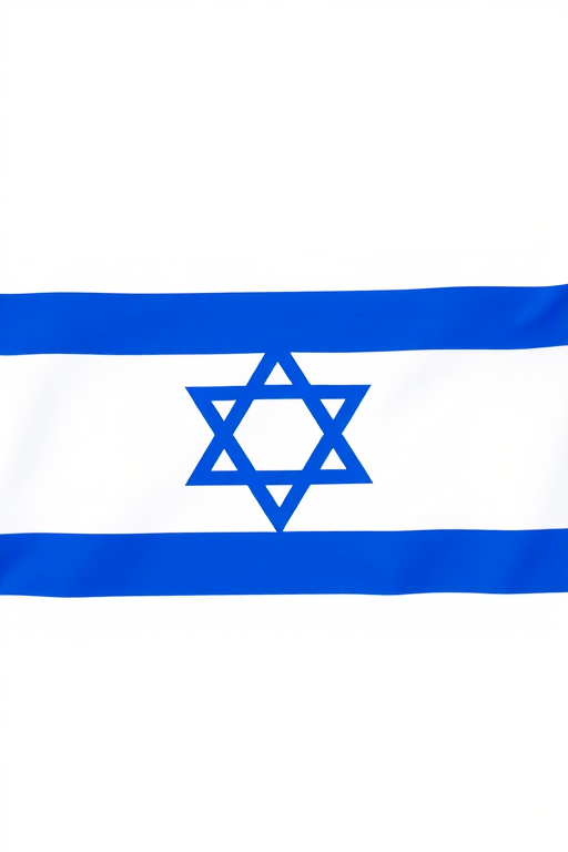 Create an image of the Israeli flag, featuring a blue Star of David in the center surrounded by two horizontal blue stripes on a white background, shot with a DSLR camera at f/8 aperture, ISO 100, and a 50mm lens for sharpness and clarity under natural light.