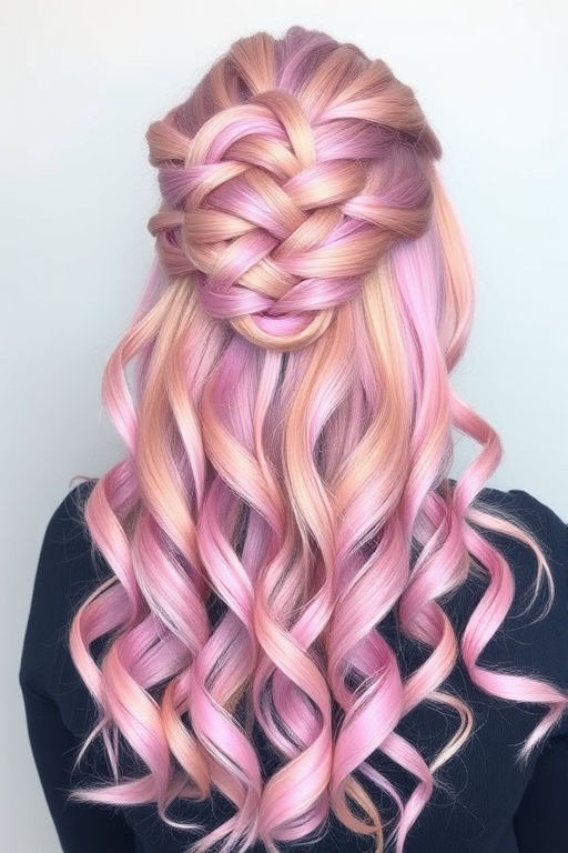 Whimsical hair style presenting pastel pink and lavender balayage highlights on long wavy tresses styled in a romantic half-up crown braid