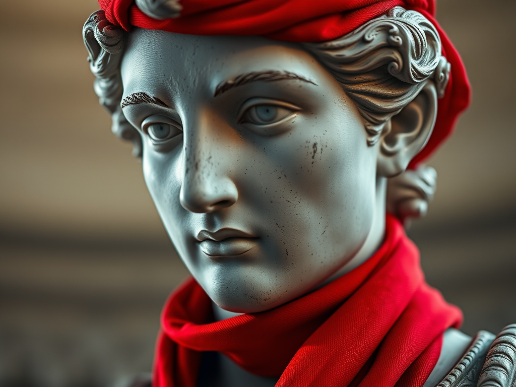 Create a hyper-realistic portrait of a classical statue wearing a vibrant red scarf, captured with a Canon EOS 5D Mark IV at f/1.8, ISO 100, 85mm lens, using soft diffused lighting and a shallow depth of field to enhance the facial details and textures.