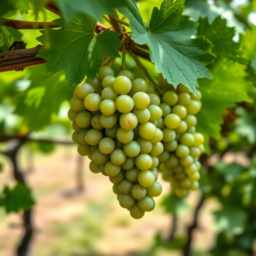 Close-up of green grape clusters hanging from leaves in a vineyard, shot with a DSLR camera at f/2.8 aperture, 50mm lens, ISO 100, in natural light for enhanced sharpness and detail.