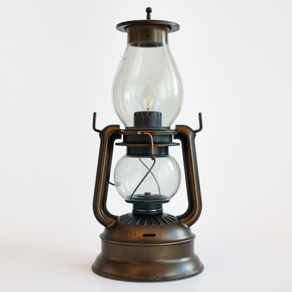 regenerate the image of a vintage oil lamp, focus on a clear and detailed view, 50mm lens, f/2.8 aperture, shutter speed 1/125 sec, ISO 100, soft diffused lighting, white background for contrast, high-resolution capture