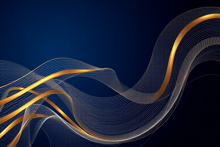 generate an abstract pattern of flowing gold and silver lines on a deep blue background, using a Canon EOS 5D Mark IV, f/8 aperture, ISO 100, 50mm lens, shot from a top-down view, in high dynamic range style for enhanced clarity and detail