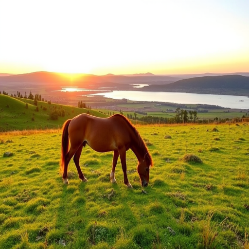 regenerate a scenic landscape image of a horse grazing in a green meadow with distant hills and a body of water, captured during golden hour with a DSLR camera, aperture f/8, ISO 100, shutter speed 1/250s, 50mm lens, high dynamic range, aerial view