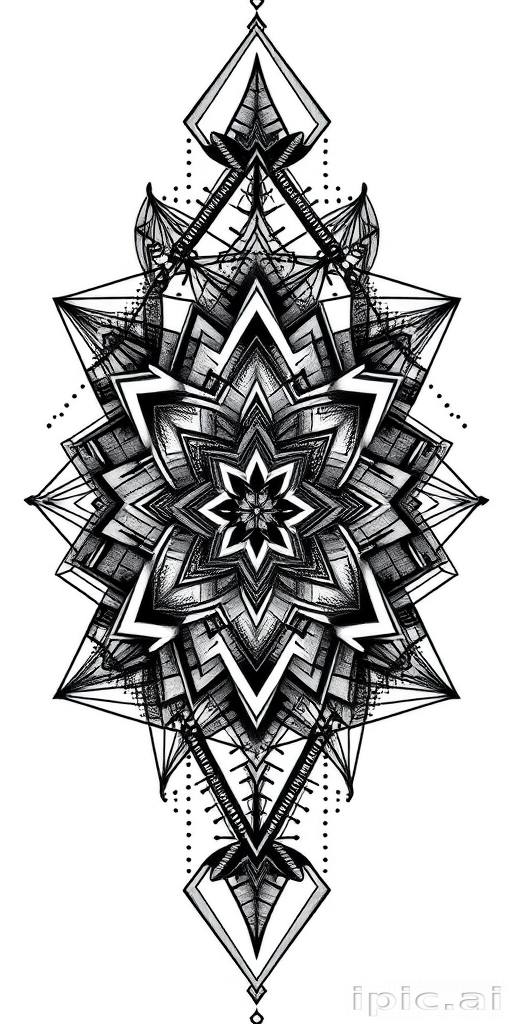 Intricate blackwork tattoo called "Geometric Shadows" showcasing complex interlocking shapes and patterns with dotwork shading creating depth and dimension in a mesmerizing monochromatic design