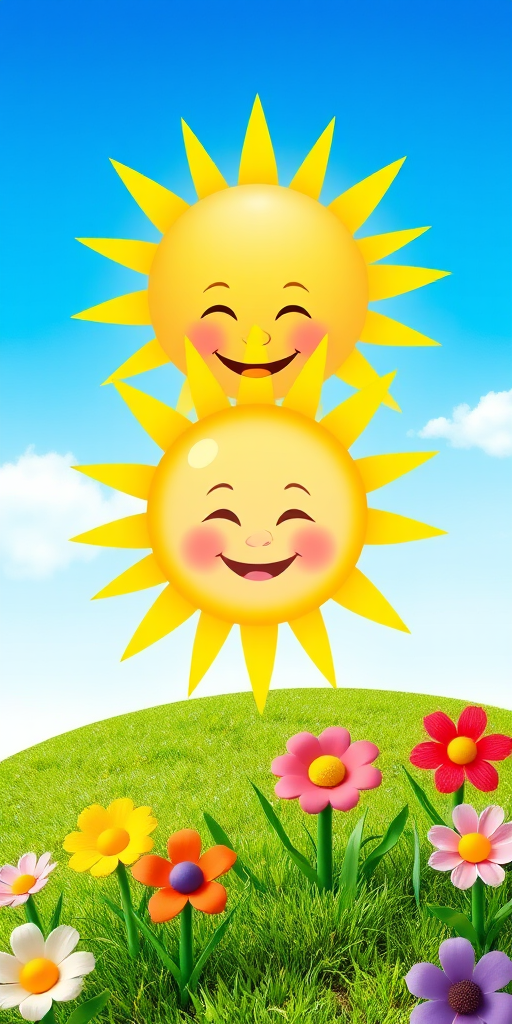 Create an image shows a bright, sun with a smiling baby's face in the center, radiating soft yellow rays. The sun is set against a clear blue sky with a few wispy clouds. Below, there's a lush green grassy hill with colorful, oversized flowers, giving the scene a whimsical, playful atmosphere.