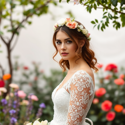 Garden scene, bridal model, delicate lace gown, floral headpiece, soft romantic focus, high-key lighting and an 85mm lens for soft, even tones that highlight the model’s face and bright outfit against a white or light background