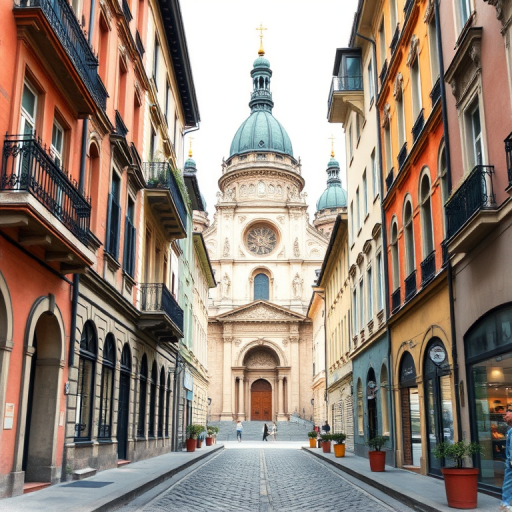 Create a high-resolution watercolor style illustration of a grand cathedral at the end of a picturesque street with historical buildings, soft natural lighting, shot with a DSLR camera at f/8 aperture, 35mm lens, ISO 200, and a slightly elevated angle for depth.