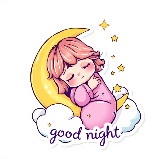 sticker style with white outline, a cute little girl with pink pyjama hugging the crescent moon, sleeping soundless, a whimsical fantasy art style, with glossy toned vibrant vivid color, a stars and clouds as a blanket, cute text 'good night', white background