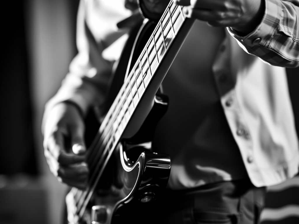 Capture a high-contrast black and white image of a musician playing a bass guitar, with close-up focus on the hands and instrument, using a 50mm lens at f/2.8, ISO 200, shutter speed 1/250s, natural lighting, and a shallow depth of field.