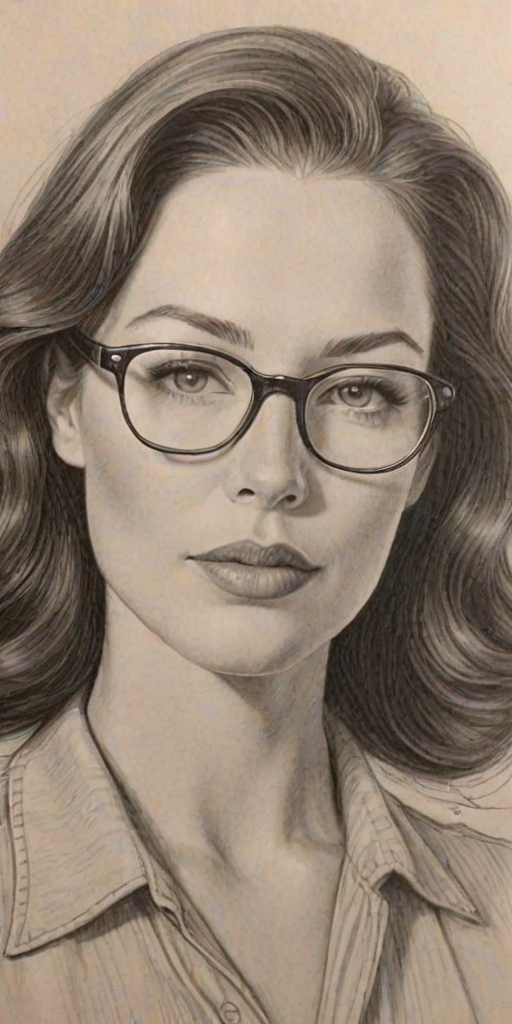 Ravishing Lynn Collins, pencil sketch, portrait of Captivating woman 1943s in glasses, hair style beatnik, outline, clear lines, fine lines, 8k