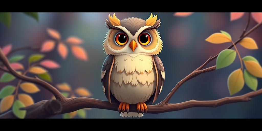 Create a cartoon owl sitting on a branch, vivid colors, 4K resolution, 50mm lens, f/8 aperture, natural light, front view, digital art style.