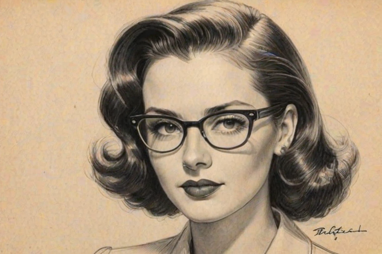 Superb Bella Poarch, pencil sketch, portrait of Gorgeous woman 1940s in glasses, hair style beatnik, outline, clear lines, fine lines, 8k