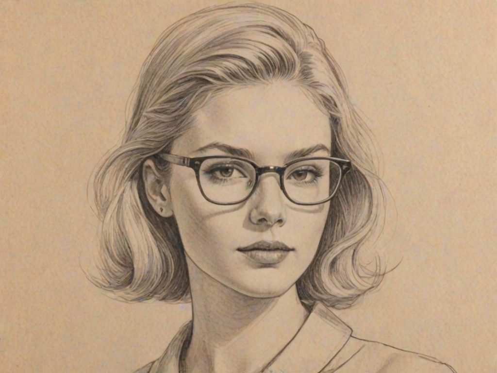 Appealing Claudia Lee, pencil sketch, portrait of Resplendent woman 1966s in glasses, hair style beatnik, outline, clear lines, fine lines, 8k