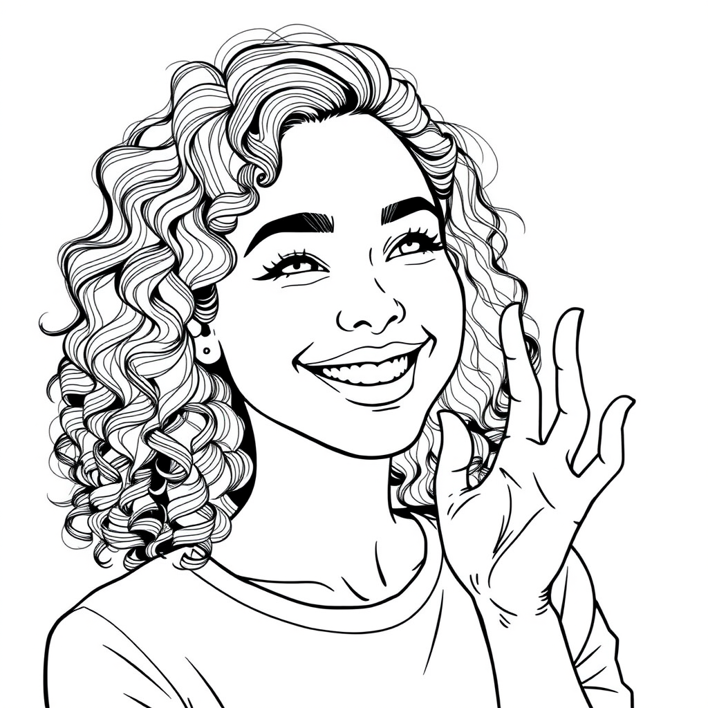 Create a highly detailed line art illustration of a cheerful young woman with curly hair, winking and giving an "OK" sign, against a plain background, captured with a DSLR camera at 50mm, f/1.8, ISO 100, in natural light, with a focus on sharp lines and crisp details.