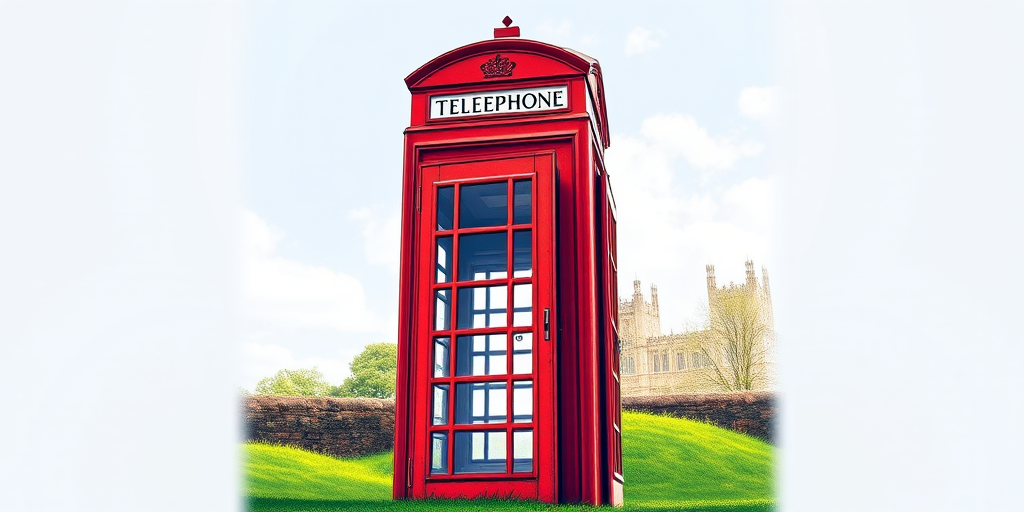 Regenerate a detailed illustration of a classic red telephone booth, capturing its iconic design, in a bright and vibrant style, use a wide-angle lens setting for an expansive view, f/8 aperture for a deep depth of field, and 1/125 shutter speed to ensure clarity, in a digital art style resembling high-resolution vector graphics.