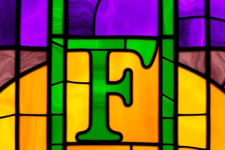Create a vibrant stained glass design featuring a large letter 'F' in gradient green, set against a purple, yellow, and orange background, captured with a DSLR camera at f/2.8 aperture, ISO 100, 50mm lens, natural lighting, and HDR in a close-up view.