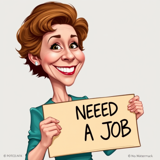 caricature of a smiling Annette Bening in a Teal dress or suit, holding up a sign that says "NEED A JOB", no watermark,