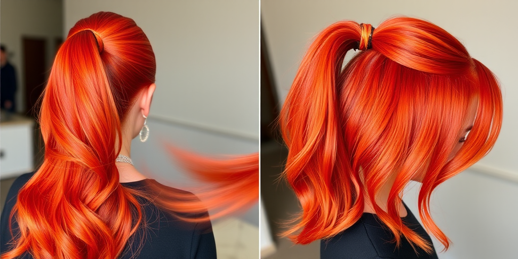 Fiery orange-to-red ombre hair in a sleek ponytail, designed by Phoenix Flame, featuring a high-shine finish and subtle golden highlights that catch the light with every movement