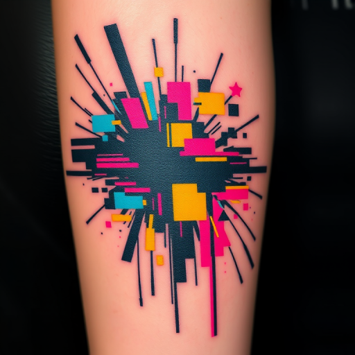 Glitch art tattoo called "Digital Disruption" combining pixelated elements with clean vector graphics and simulated screen tears, using a limited color palette of cyan, magenta, yellow, and black