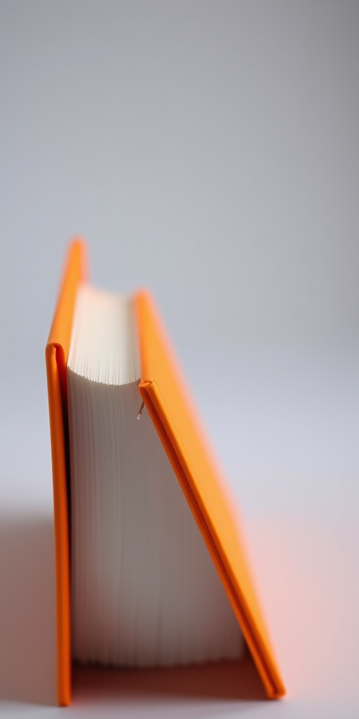 regenerate an image of a brightly colored orange book with a blue spine, side view, soft lighting, depth of field focus, 50mm lens, f/1.8 aperture, ISO 100, DSLR camera, studio setting