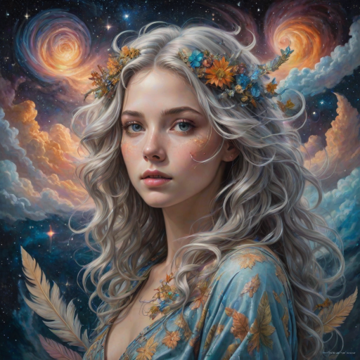 Create a series of imaginative portraits where each subject is infused with elements of fantasy and nature. The hair of the individuals should flow like clouds, varying from soft, fluffy cumulus to wispy cirrus strands, with hints of color reflecting a sunset or a clear blue sky. The eyes should be windows to entire galaxies, with stars, nebulae, and distant planets visible within them. Clothing should be adorned with nature motifs, such as floral patterns that bloom and change, vines that seem to grow and wrap around, or feathers that shimmer with iridescence. Each portrait should capture a unique personality, blending human features with the ethereal beauty of the natural and cosmic world. The backgrounds can vary, from starry night skies to enchanted forests, adding depth and context to the magical realism of the portraits