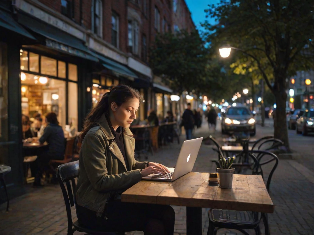 Busy urban cafe at dusk, the streetlights just beginning to come on, a woman sits at an outdoor table, her laptop open as she types away, lost in her work.