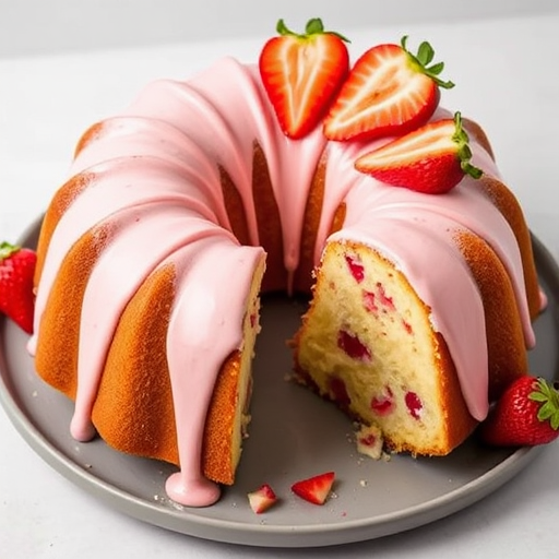 A beautifully baked bundt cake topped with pink frosting and fresh strawberry slices served on a gray plate with a slice cut out, showcasing the moist texture and strawberry bits inside, set against a light background.
