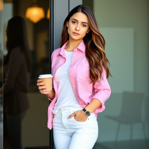 A young woman with long brown hair stands with her back against a glass door, wearing a pink button-down shirt over a white T-shirt and white pants, holding a cup of coffee in her right hand. The woman is looking directly at the viewer, her expression is neutral. Her right hand is tucked into the pocket of her pants while her left hand holds the coffee cup. The lighting is soft and natural, highlighting her features. The background is blurred, with the focus on the woman. The photo is taken from a slightly elevated perspective, showcasing the woman's full figure.