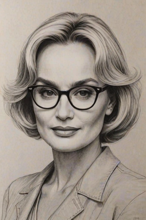 Alluring Jessica Lange, pencil sketch, portrait of Pleasing woman 1968s in glasses, hair style beatnik, outline, clear lines, fine lines, 8k