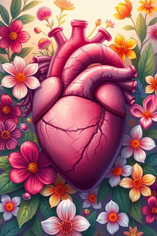 Create a vibrant illustration of a human heart surrounded by colorful flowers and leaves, using a DSLR camera with a 50mm lens, f/1.8 aperture, ISO 100, in soft natural light from the side to enhance detail and depth.