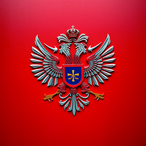 regenerate the image of the Russian coat of arms on a rich red background with a Canon EOS 5D Mark IV, 50mm f/1.8 lens, aperture f/2.8, ISO 100, 1/125s shutter speed, top-down view, high dynamic range style