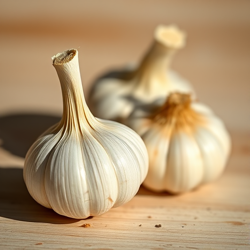 Create a hyper-realistic illustration of two garlic bulbs, one larger and one smaller, with detailed textures and shadows, using a Canon EOS R5 with a 100mm macro lens, f/2.8 aperture, 1/200s shutter speed, natural lighting, and a shallow depth of field for enhanced focus on the garlic.
