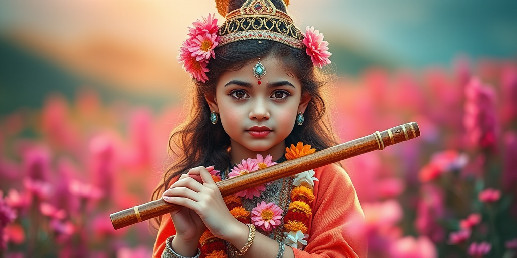 Create an image of a youthful deity holding a flute adorned with flowers in a vibrant landscape, use a Canon EOS 5D Mark IV, 50mm lens, f/1.8 aperture, ISO 100, soft natural lighting, vivid color profile, and a shallow depth of field for enhanced image quality.