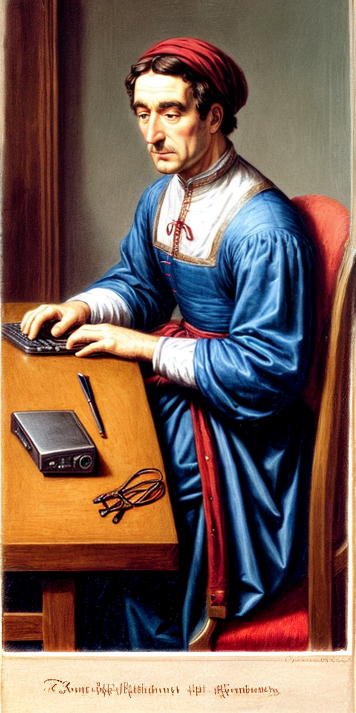 A medieval peasant working on a computer at the table