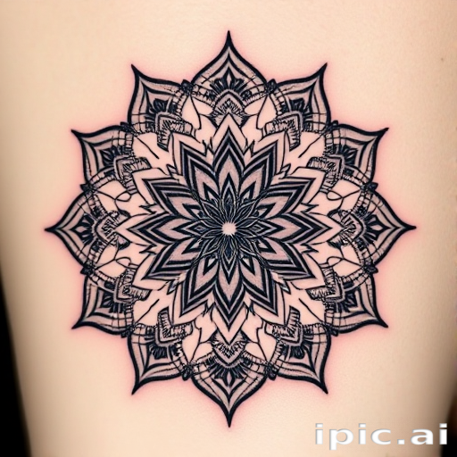 Dotwork mandala tattoo featuring intricate patterns and gradual shading, creating a three-dimensional illusion, incorporating sacred geometry, called "Dimensional Harmony"