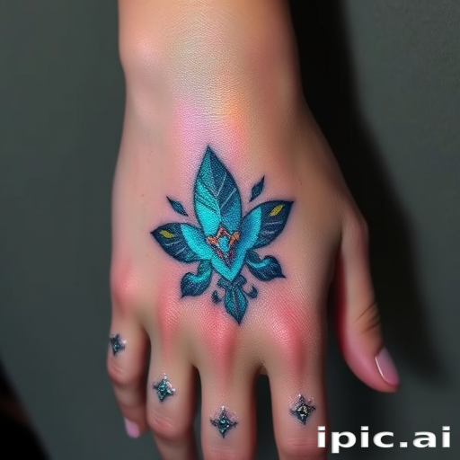 Holographic foil effect tattoo on the back of the hand, utilizing specialized ink and techniques to create a shimmering, color-shifting illusion that catches the light