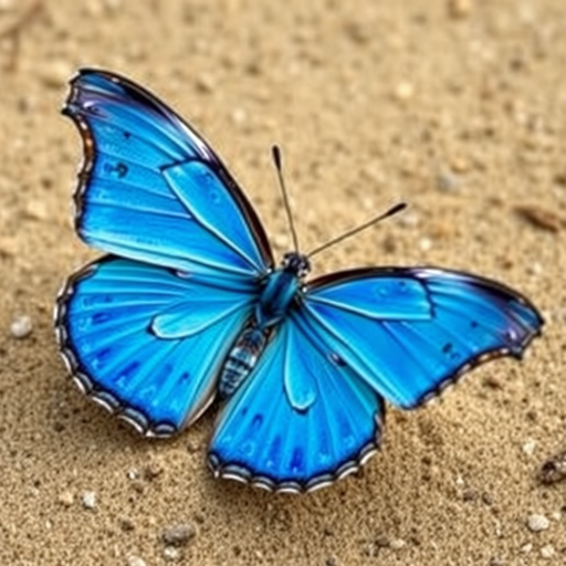Create an image of a butterfly with vibrant blue wings. The butterfly should be positioned on a sandy ground, showcasing its intricate details and textures. The background should be natural and earthy, emphasizing the butterfly's beauty.