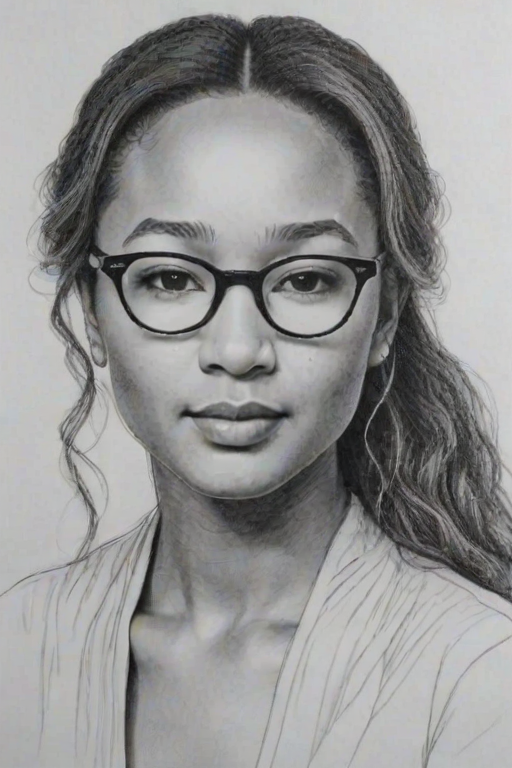 Lovely John Legend, pencil sketch, portrait of Enchanting woman 1979s in glasses, hair style beatnik, outline, clear lines, fine lines, 8k